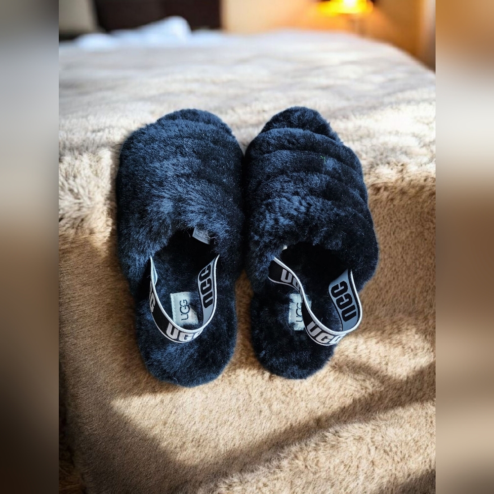 UGG Black Fluffy Slippers